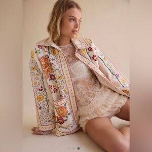 Free People Avery Embellished Jacket We The Free Floral Pockets Oversized Ivory